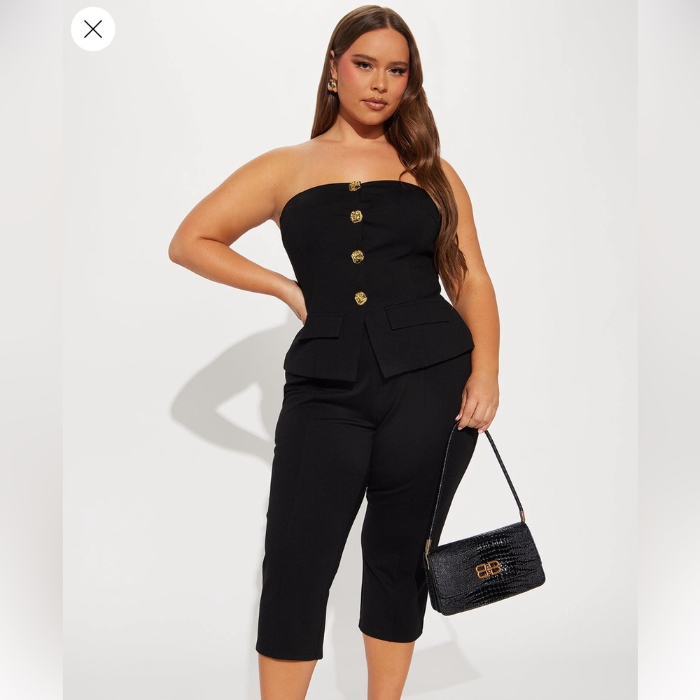 Fashion Nova Strapless Black Two Piece with Gold Buttons